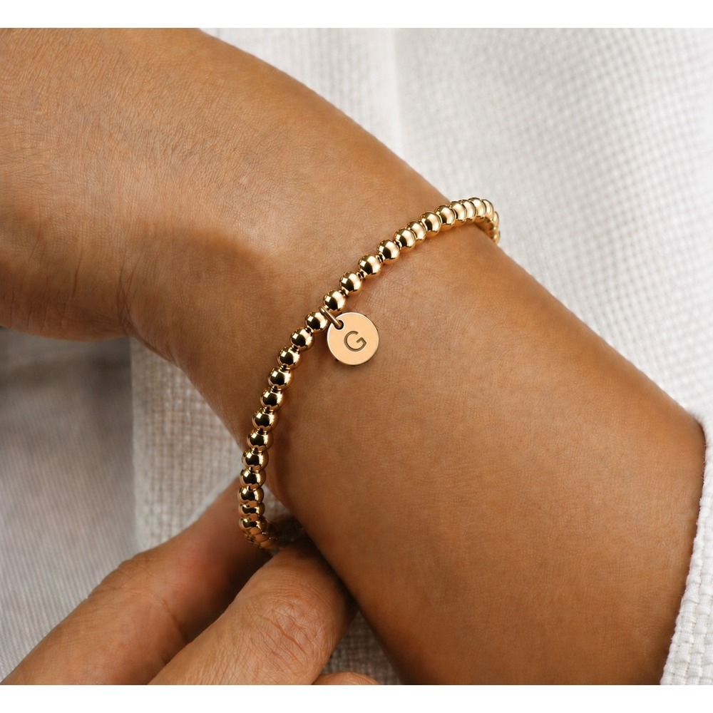 Gold Tone Beaded Stretch Bracelet Monogram Letter G Initial Charm Dainty Minimal